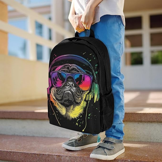 Supdreamc Daypack Backpack Multipurpose Anti-Theft Large Capacity Bookbag, Dj Pug Black Travel Hiking Camping Rucksack With Adjustable Shoulder Straps