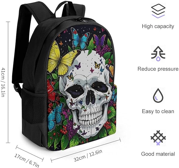 Lightweight Daypack for Camping Business Walking Cycling, Large Capacity Anti-Theft Multipurpose Bookbag, Magic Mushrooms Skull Psychedelic Butterfly Art Gym Outdoor Hiking Backpack