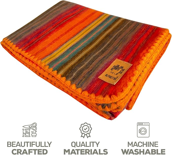 Alpaca Wool Blanket - Queen Size Bed Throw & Warm, Lightweight, Couch or Camp - Outdoor - 87 x 64 Inches (Orange)