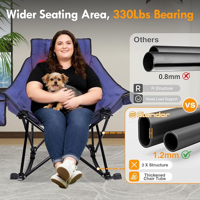 Slendor Heated Rocking Camping Chair with Padded & Pillow, 2000mAh Power Bank, 3 Adjustable Heat Settings, Oversized Camping Chair for Easy Setup and Foldable Storage, Blue