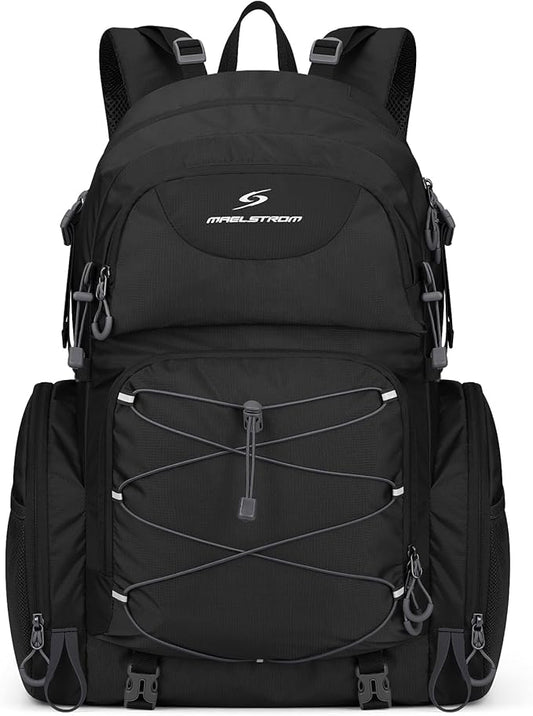 Maelstrom Hiking Backpack, 40L Waterproof Camping Daypack for Men and Women, Lightweight Travel Pack with Rain Cover (Black)
