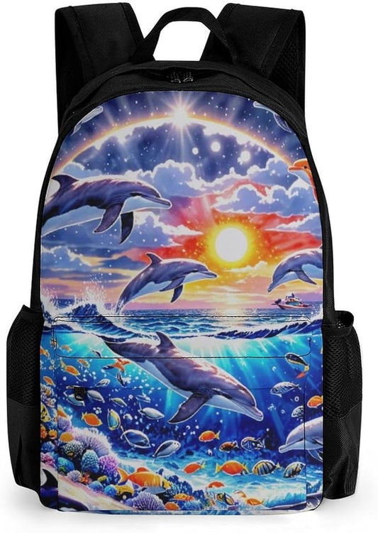 Supdreamc Lightweight Rucksacks for Camping Picnic Walking Cycling, Large Capacity Multipurpose Anti-Theft Carry On Bag, Dolphin Underwater World Rainbow Travel Hiking Camping Rucksack
