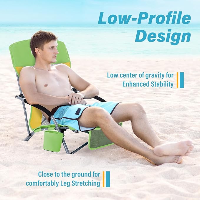 Homcosan Portable Low Folding Beach Chairs Set of 2 - Lightweight Camping Chairs for Adults with Cup Holder & Storage Pockets, Carry Bag Included (Green & Yellow)