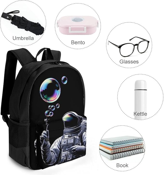 Supdreamc Daypack Backpack Polyester Anti-Theft Multipurpose Trippy Space Bubble Astronaut Art Bookbag Big Capacity Travel Hiking Camping Rucksack With Smooth Zippers