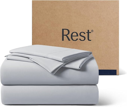 REST® Evercool®+ Cooling Sheet Set, Full Size, Light Gray, Breathable Bed Sheets for Hot Sleeper and Night Sweats, with Pillowcases, with Ionic+ Self-Cleaning Silver Yarn for Sensitive Skin, 4PCS