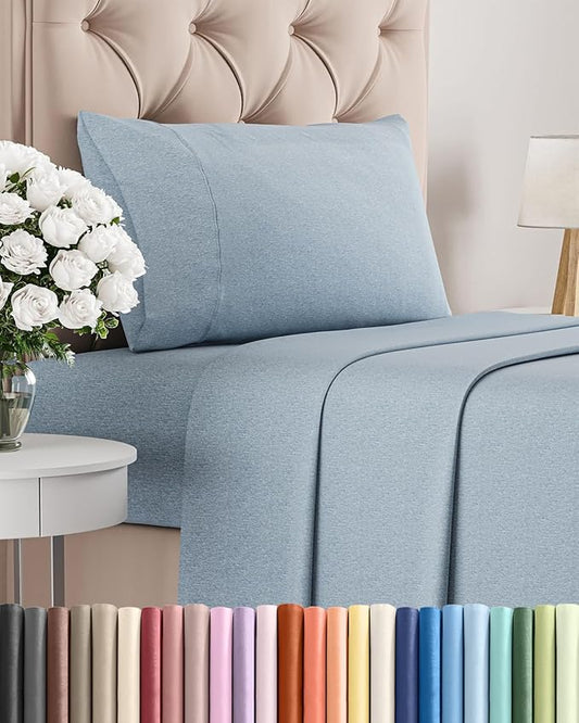 Twin Size 3 Piece Sheet Set - Comfy Breathable & Cooling Bed Sheets Set - Hotel Luxury Bedding for Women, Men, Kids, Teens, Boys & Girls - Deep Pockets, Soft & Wrinkle Free - Blue (Heathered Sheets)