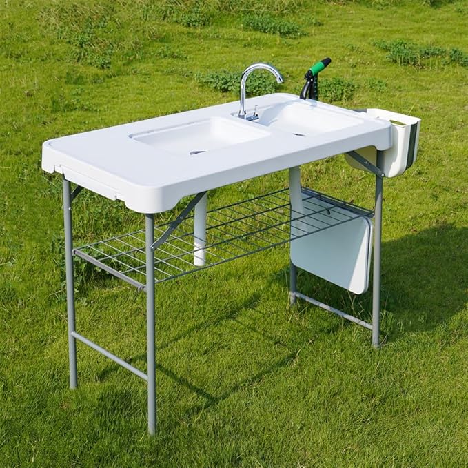 Folding Fish Cleaning Table with 2 Foldable Sinks, 42.5'' Portable Camping Sink Table with Foldable Faucet, Drainage Hose, Sprayer, Storage Box & Grooves, Outdoor Fillet Station for Picnic