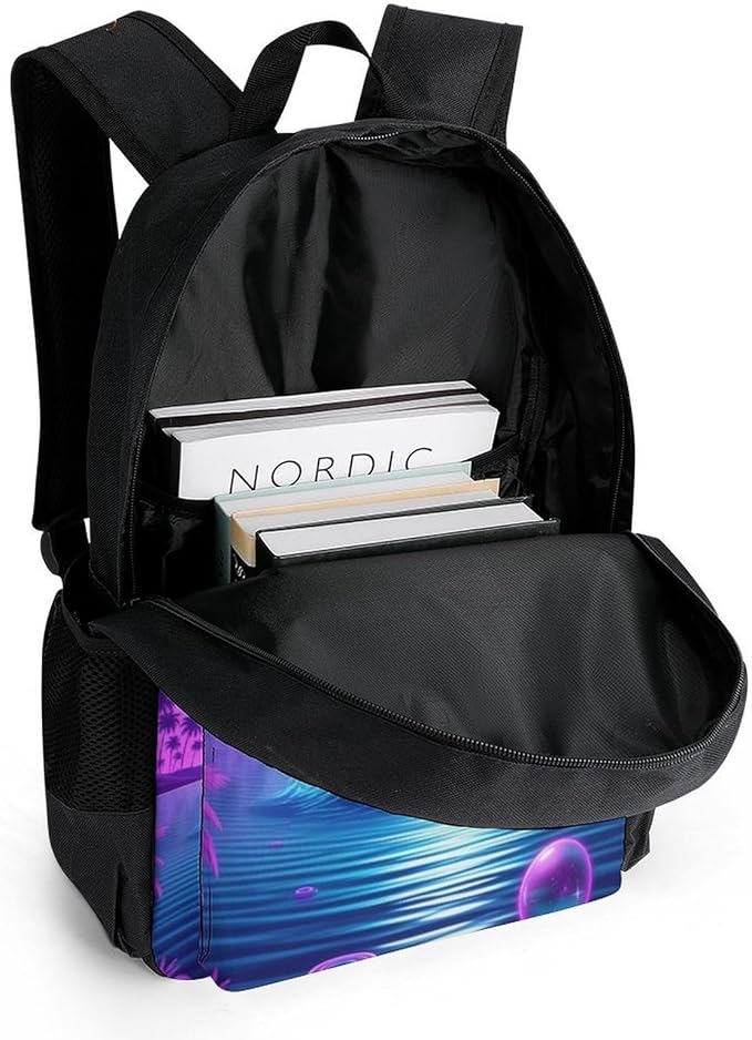 Polyester Daypack for Camping Travel Walking Cycling, Big Capacity Anti-Theft Multipurpose Bookbag, Full Moon Dolphin Purple Blue Camping Outdoor Backpack