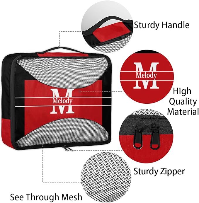 4pc Personalized Name Packing Cubes for Travel - Luggage Packing Organizers - Travel Packing Cubes for Suitcases, Red with Black, Initial Letter