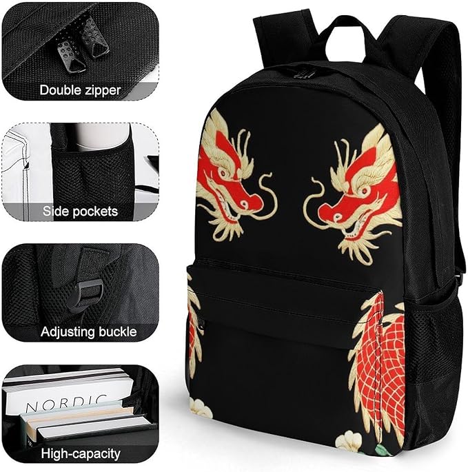 Men Women Lightweight Floral Chinese Japanese Dragon Flower Backpack Large Capacity Bookbag With Smooth Zippers for Gym Business Running