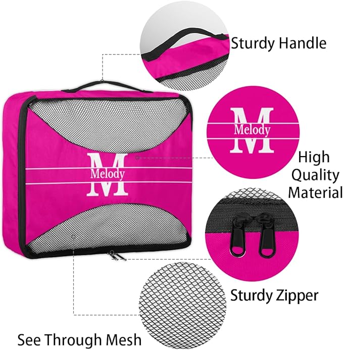 Custom 4 Set Packing Cubes for Travel, Personalized Deep Pink with Initial Letter Mesh Travel Luggage Packing Organizers for Women Men