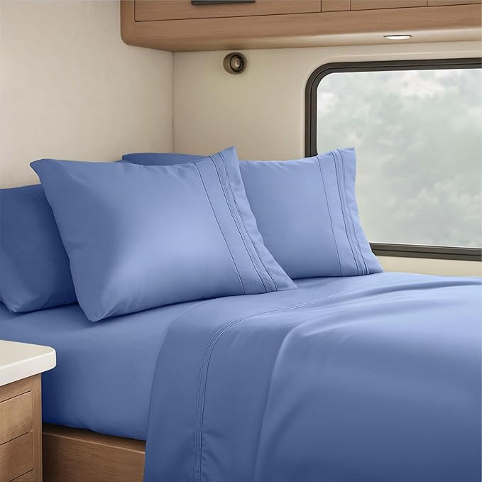 Hearth & Harbor Short Queen Sheets for RV, Steel Blue RV Queen Sheets, Silky Soft 1800 Microfiber Bed Sheet for Camper, 4 Piece RV Bedding with Pillowcases
