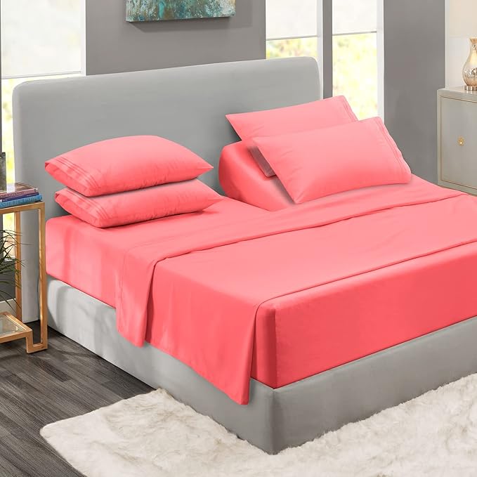 Clara Clark Flex Top King Sheets, 6 Piece Set - Hotel Luxury Sheets for Top Split King Bed, Super Soft Bedding Set, Head Split King Coral Pink