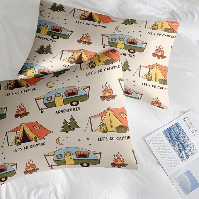 Comforter Set Full Size, Summer Camp RV 7 Pcs Bedding for Kids and Adults, Camping Adventure Bed Sheet Sets with Fitted Sheet 2 Pillowcases & 2 Shams for Bedroom Bed Decor