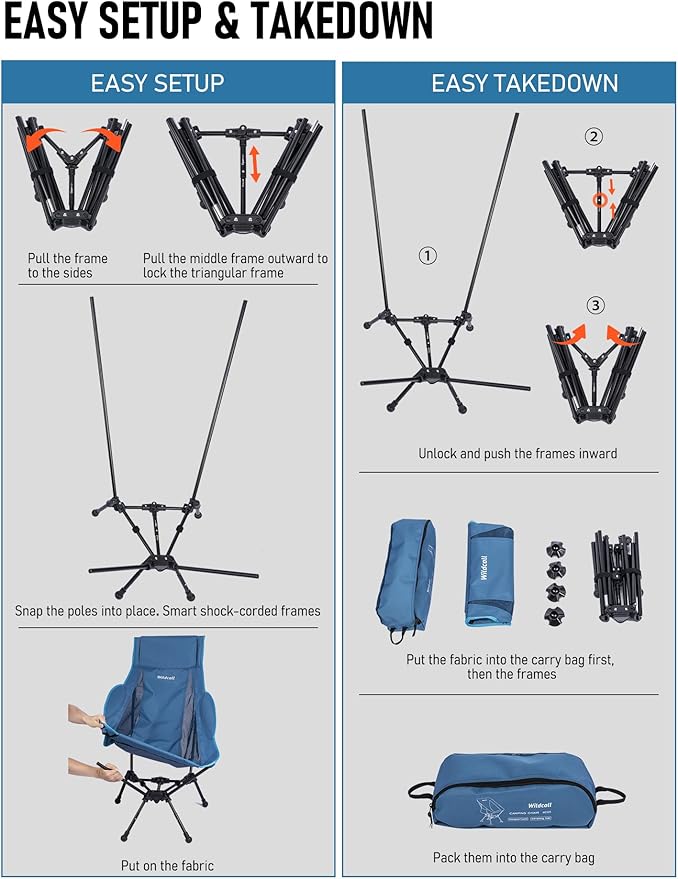 WildCall Lightweight Folding High Back Camping Chair with Head Support, Compact Beach Chair with Anti-Sinking Large Feet and Three Tilt Angles Adjustment
