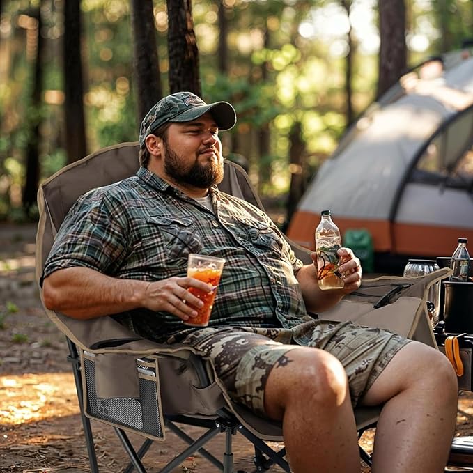 Overmont Oversized XL Camping Chair for Adults - 400lbs Support Heavy-Duty Padded Folding Chair with Side Pocket Cup Holder Cooling Bag for Outdoor Sports Garden Beach Fishing Lawn Khaki 2pcs