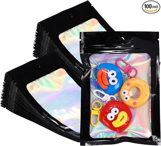 4x6 Inch Black Holographic Mylar Bags, 100Pcs Resealable Foil Zipper Pouches for Gummies, Jewelry Storage, Party Favors, Small Business Packaging