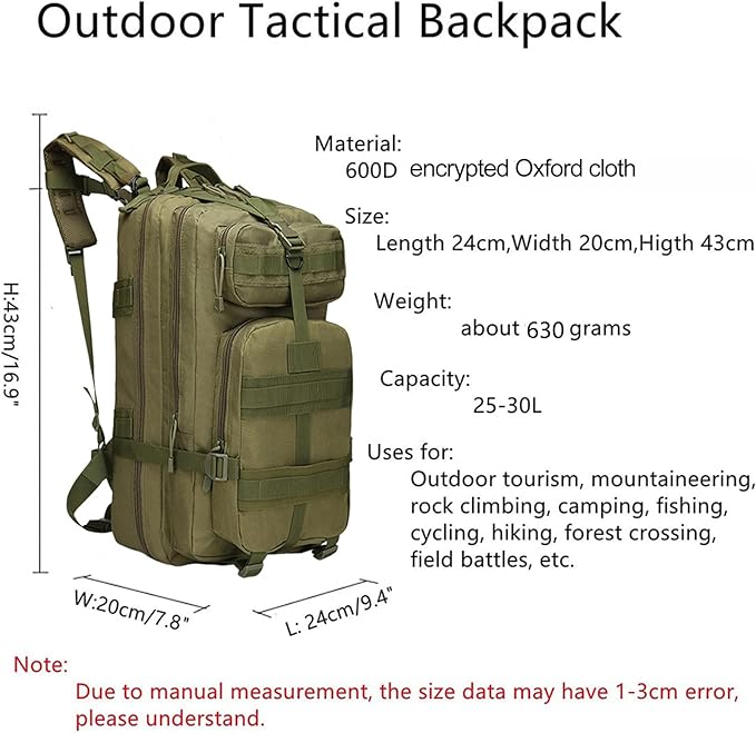 Lawaia Small Tactical Backpack Military Survival Molle Army Go Bag Hunting Gym Rucking Hiking Camping Motorcycle Rucksack With Weights for Men and Women 30L (Green)