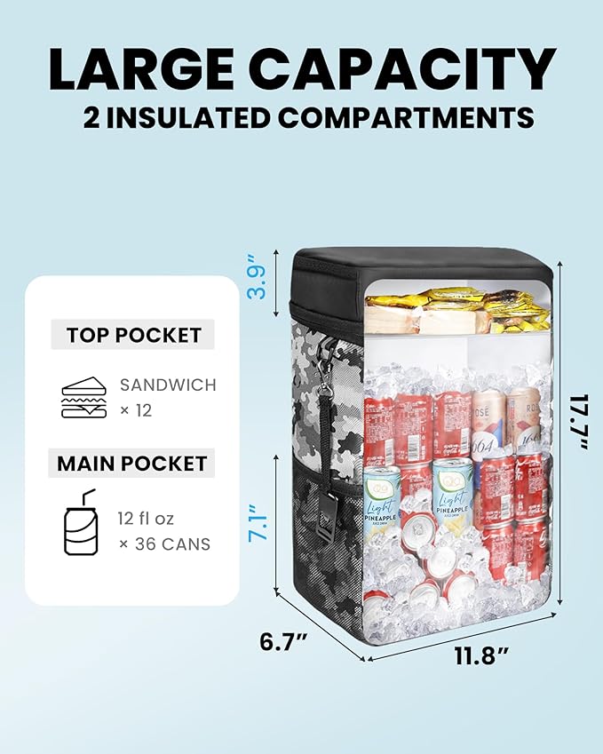 OutdoorMaster Cooler Backpack with Leak-Proof Design, 2 Insulated Compartments Portable Thermal Bag for Camping, Beach, Travel, Lunch, Drink, Ice