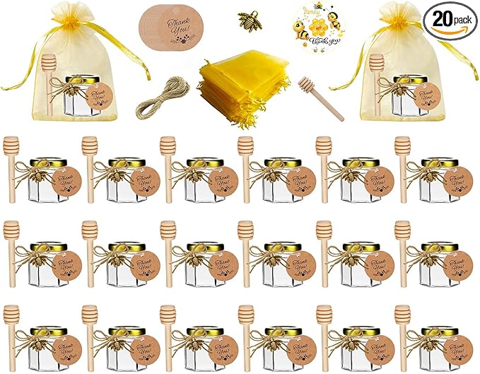 IIKUM 20 Pack Glass Honey Jars, 1.5 oz Hexagon Honey Pots with Lids, Wooden Dippers, Bee Pendants, Gift Bags, Thank You Cards, Jutes and Stickers-Ideal Gift for Baby Shower, Wedding and Party Favors