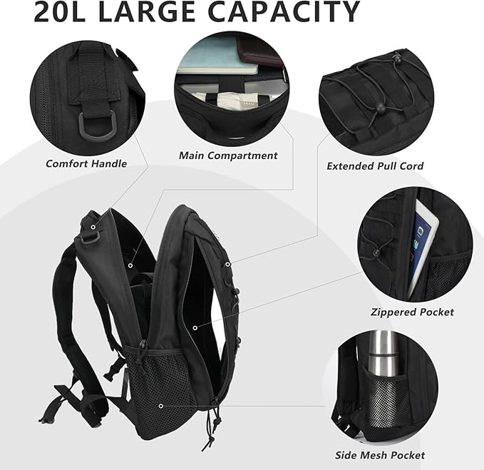 BAIXINGBAGS 20L Mini Small tactical backpack for men, MOLLE System Daypack black gym hunting backpack Comfortable for Hiking Camping