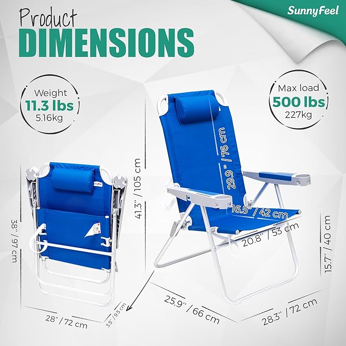 SUNNYFEEL 17" Tall Oversized Beach Chairs 2 Pack for Adults Heavy Duty 500 LBS, 5 Position, Portable High Folding Camping Chair with Cup Holder for Outdoor/Lawn/Trip, Foldable Sand Chairs for Adults
