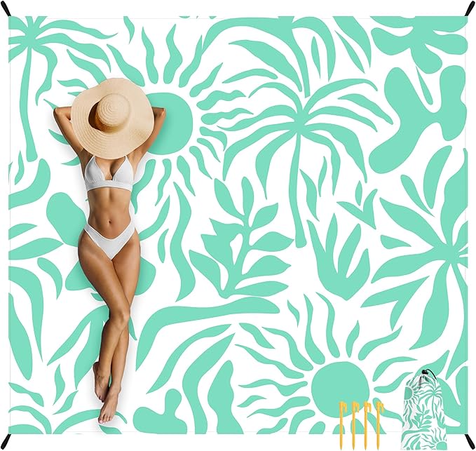 Beach Blanket, 78''×86'' Large Waterproof Sandproof Beach Mat for 2-4 Adults, Lightweight Compact Sand Free Outdoor Picnic Blanket with 4 Stakes & 4 Corner Pockets