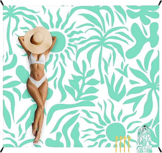 Beach Blanket, 78''×86'' Large Waterproof Sandproof Beach Mat for 2-4 Adults, Lightweight Compact Sand Free Outdoor Picnic Blanket with 4 Stakes & 4 Corner Pockets