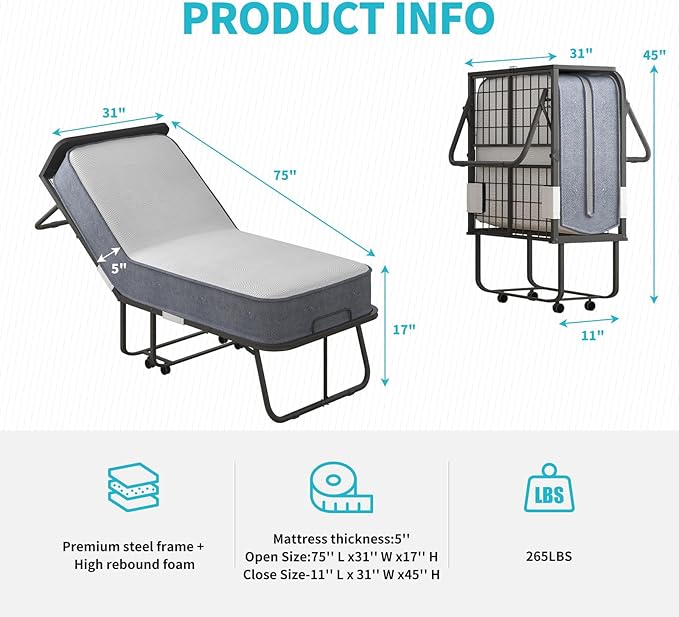 CECER Folding Bed with Mattress, 75" x 31" Rollaway Bed for Adults, 5 inch Thick Foam Mattress，Cot Size Portable Foldable Bed with Headboard & Sturdy Metal Frame，Fold Up, Roll Away