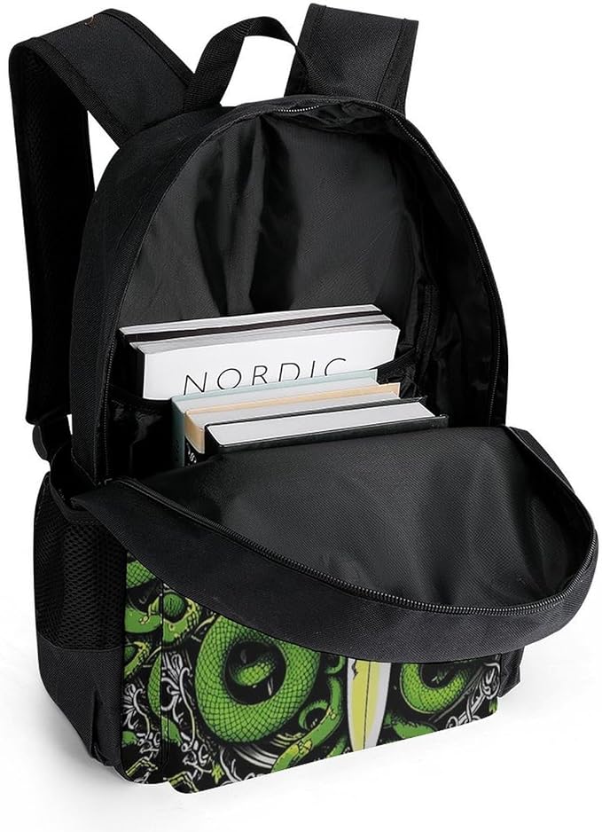 Supdreamc Men Women Lightweight Medusa Skull Green Snake Art Daypack Bookbag Big Capacity Carry On Bag With Side Pockets for Camping Travel Bicycle