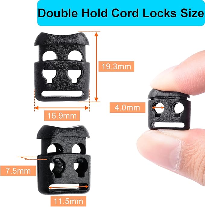 20 PCS Plastic Cord Locks for Paracord Drawstring Clip, Double Hole Spring Toggle Cord Stopper Sweatpant Hat Gloves Backpack Hoodie String Lock Elastic Shoelace Lock Fastener