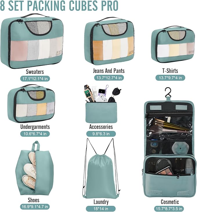 Veken 8 Set Packing Cubes for Travel Essentials, Suitcase Organizer Bags in 4 Sizes, Carry-On Luggage Accessories with Large Laundry & Hanging Toiletry Bag, Must-Have for Airplane, Road Trip & Camping