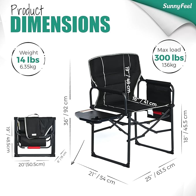 SUNNYFEEL Camping Directors Chair, Heavy Duty,Oversized Portable Folding Chair with Side Table, Pocket for Beach, Fishing,Trip,Picnic,Lawn,Concert Outdoor Foldable Camp Chairs