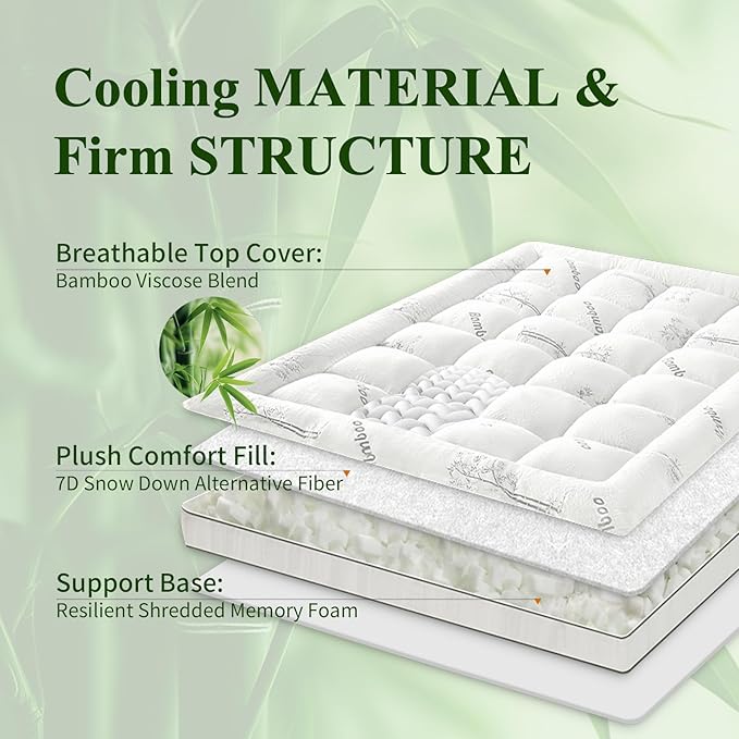 Memory Foam Mattress Topper - Viscose Made from Bamboo Pillow Top Thick Twin XL Size Mattress Pad for Back Pain, Ultra Soft & Cooling for Hot Sleepers, 6-18'' Deep Pocket, White