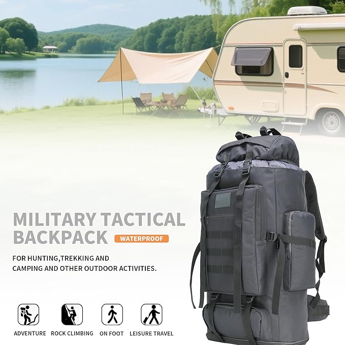 100L Hiking Camping Backpack MOLLE Rucksack Waterproof Daypack (Grey)
