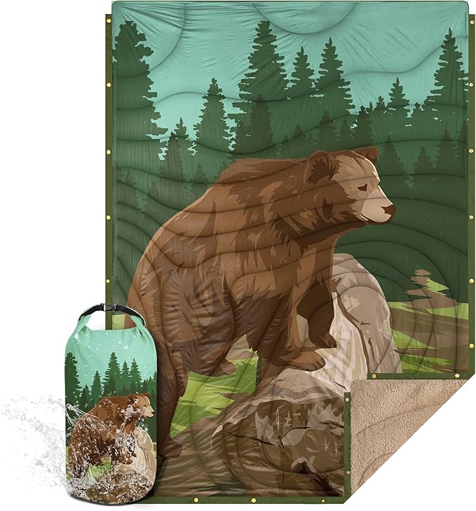 Outdoor Camping Blanket with Sherpa Lining, Extra Warm Thick Camp Blankets and Puffy Ultralight Soft Poncho DWR Camping Quilt for Cold Weather, Adventure, Sleeping, Backpacking 56"x 40"