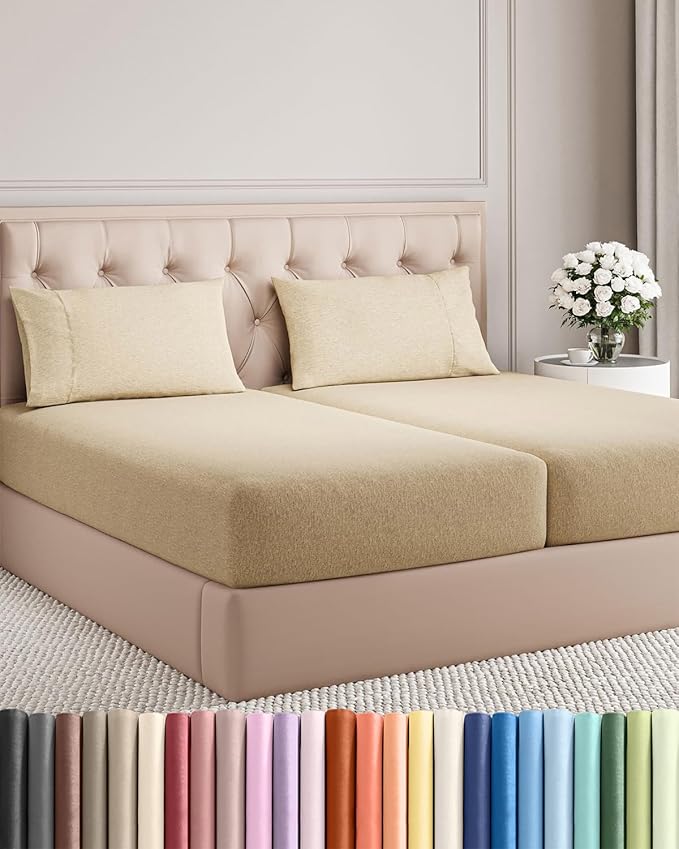 Split King Size 5 Piece Sheet Set - Comfy Breathable & Cooling Bed Sheets Set - Hotel Luxury Bedding for Women, Men, Kids, Teens, Boys & Girls - Deep Pockets & Wrinkle Free - Tan (Heathered Sheets)