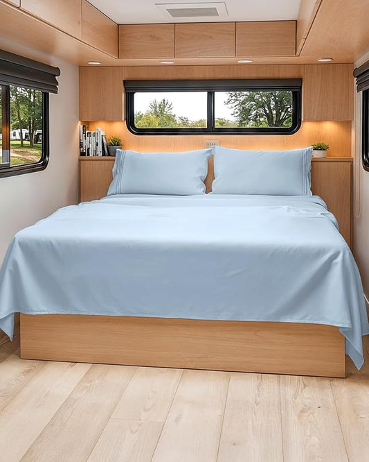 Short Queen Size 4 Piece Sheet Set - RV Short Queen, Soft, Breathable & Cooling Bed Sheets Set w/ Deep Pockets - Hotel Luxury Bedding for Women, Men, Kids, Teens, Boys & Girls - Oeko-Tex - Sky Blue