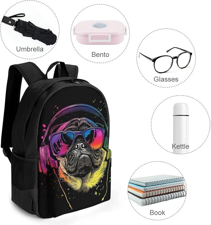 Supdreamc Daypack Backpack Multipurpose Anti-Theft Large Capacity Bookbag, Dj Pug Black Travel Hiking Camping Rucksack With Adjustable Shoulder Straps