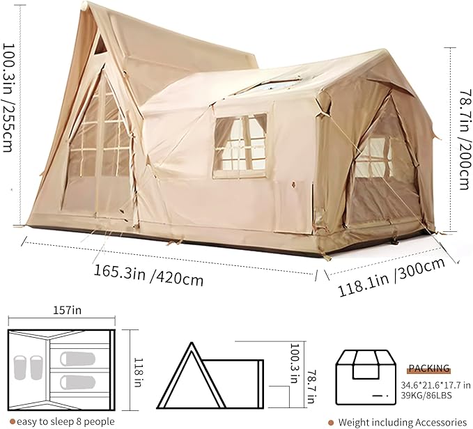 Inflatable Tents for Camping 8-10 Person, Luxury Inflatable Tent House with Stove Jack, Waterproof Portable Inflatable Camping Tent with Rainfly