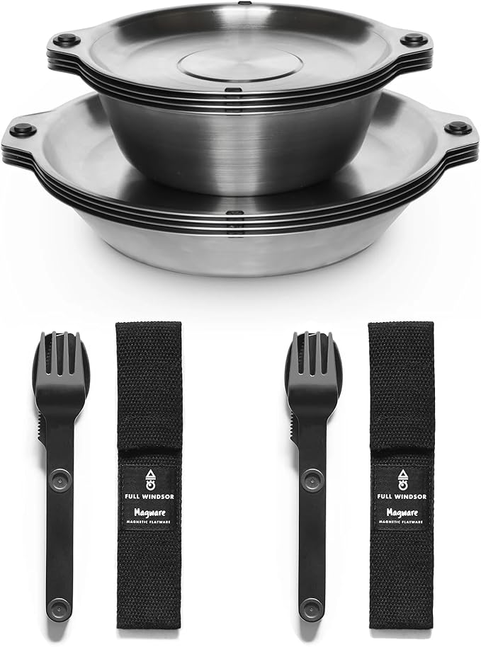 FULL WiNDSOR - MAGWARE - Magnetic Bowls and Plates (8PCS) & Magnetic Camping Cutlery Set (6PCS), Portable Knife, Fork & Spoon with Case, Travel Dinnerware & Silverware for Camping, Outdoor Backpacking