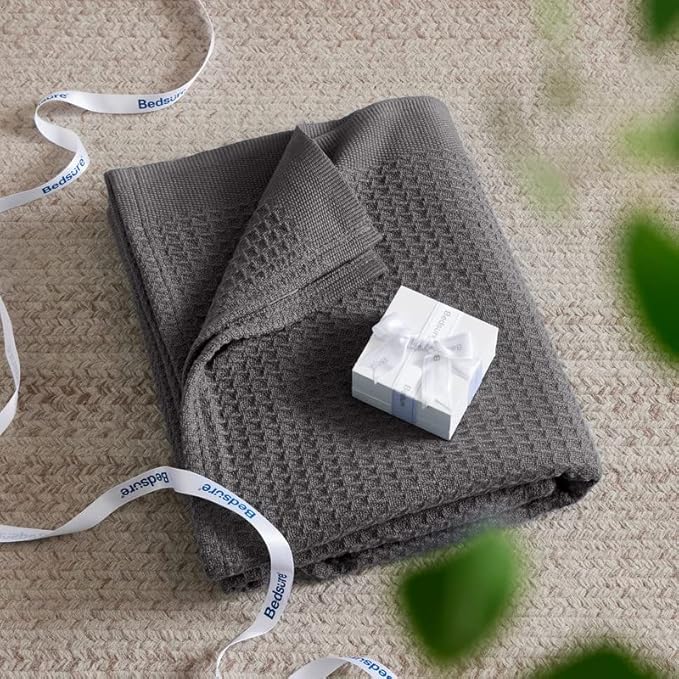 Bedsure Gentlesoft 100% Cotton Blanket Twin XL Size for College Dorm - Breathable and Soft, Waffle Weave Twin Blanket for Summer, Dorm Room Essentials, Dark Grey, 66x90 inches