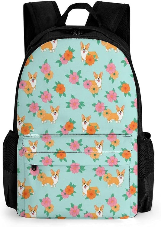 Lightweight Backpack for Gym Travel Bicycle, Big Capacity Multipurpose Anti-Theft Carry On Bag, Corgi Dogs Flowers Floral Travel Hiking Bag Day Pack