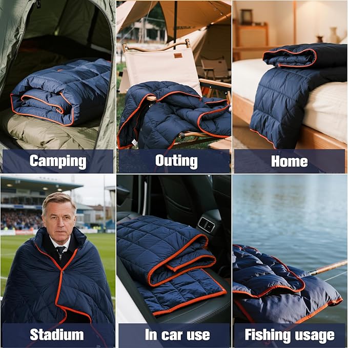 Down Camping Blanket - Navy Blue, 1lb 6oz / 77 * 52'' Lightweight Packable Warm Puffy Travel Quilt with Footbox, 650 Fill Power Waterproof Outdoor Blankets for Hiking, Travel Down Quilt