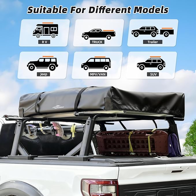 Roof Top Tent Camping for SUV Jeep Truck, 800D Waterproof Soft Shell Rooftop Tent, Quick-Setup Design with Telescopic Ladder & LED Lighting for 2-3 Person