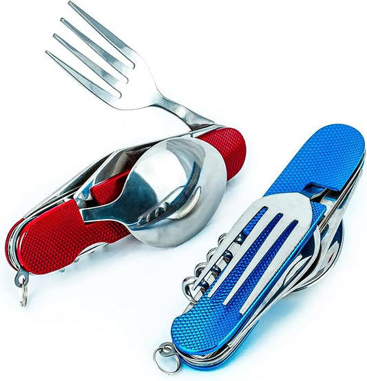 6-in-1 Multi-Function Camping Utensil Flatware Set Detachable Spoon Fork Knife Combo Mess Kit with Carrying Pouch (Blue + Red)