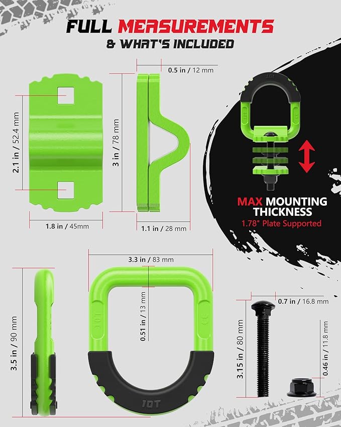 D-Ring Tie Down Anchors with Rubber Isolators, 4 Pack Heavy Duty 10 Ton Capacity Carbon Steel, Bolt-On with Mounting Hardware, Zinc & Powder Coated for Trailer, Truck, Pickup, Garage-Green