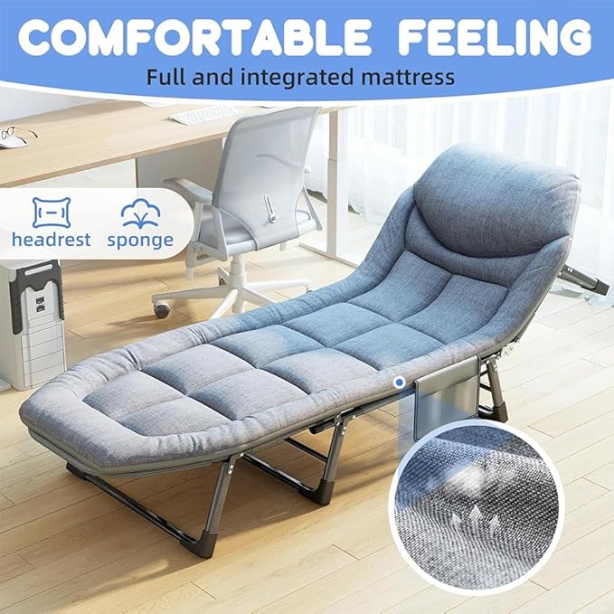 Camping Cot Portable Folding Bed for Adults 6 Position Adjustable Cot Recliner Chair with Pillow Heavy Duty Steel Frame Camping Office Nap Indoor Outdoor Use (Small(66in))