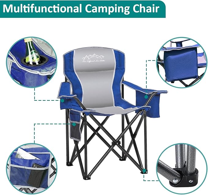 Camping Chair with Cooler Bag, Cup Holder, Storage Pocket, Heavy Duty 450lbs Capacity with Large Anti-Sink Feet, Portable Folding Padded Chair for Outdoor, Beach, Fishing, Sports, Blue