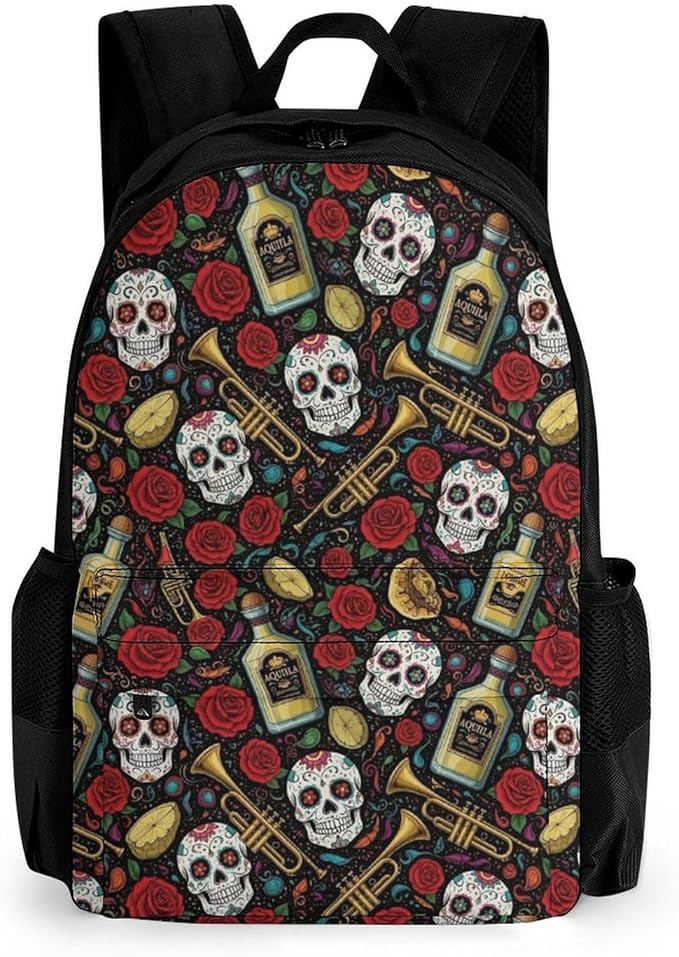 Lightweight Rucksacks for Camping Picnic Walking Cycling, Large Capacity Multipurpose Anti-Theft Carry On Bag, Vintage Day Of Dead Sugar Skulls Rose Flowers Cactus Travel Hiking Camping Rucksack